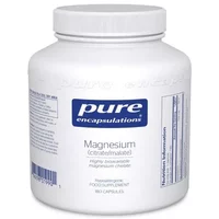 White bottle of Pure Encapsulations Magnesium citrate/malate, blue label, 180 capsules.