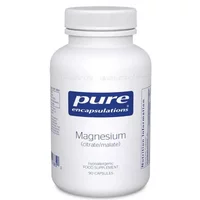 White bottle of Pure Encapsulations Magnesium citrate/malate with blue label, containing 90 capsules.