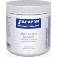 White jar of Pure Encapsulations Magnesium Powder, blue label with white text, size 107g, hypoallergenic supplement.