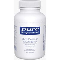 White bottle of Pure Encapsulations MicroDefense with Oregano, 90 capsules, blue and white label.