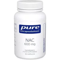 White bottle of Pure Encapsulations NAC 600mg capsules with blue label, 90 capsules.
