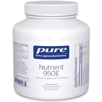 White bottle of Pure Encapsulations Nutrient 950e capsules, blue label, 180 count, no copper, iron, or iodine.