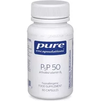White bottle of Pure Encapsulations P5p 50, 60 capsules, with blue label and text detailing vitamin B6 supplement.
