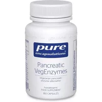 White bottle of Pure Encapsulations Pancreatic VegEnzymes with blue label, 180 capsules.