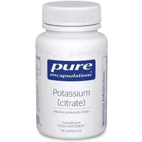 White bottle of Pure Encapsulations Potassium Citrate, blue label, 90 capsules, dietary supplement.