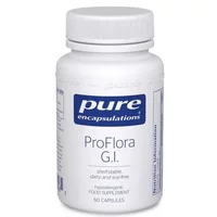 White bottle of Pure Encapsulations ProFlora G.I with blue label, 60 capsules, hypoallergenic supplement.
