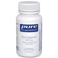 White bottle of Pure Encapsulations Pycnogenol 100mg capsules with blue label and white cap.