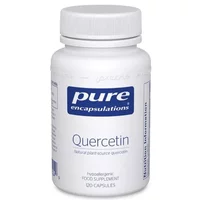White bottle of Pure Encapsulations Quercetin Capsules with blue label and white cap, containing 120 capsules.