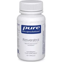 White bottle of Pure Encapsulations Resveratrol capsules with blue label and white cap, 60 capsules.
