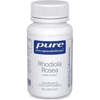 White bottle of Pure Encapsulations Rhodiola Rosea capsules with blue label, 90 count.