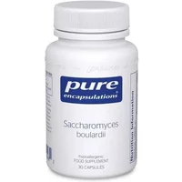 Pure Encapsulations Saccharomyces Boulardii white bottle with blue label, 30 capsules, hypoallergenic supplement.