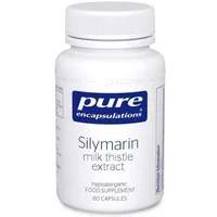 White bottle of Pure Encapsulations Silymarin Capsules with blue label and text detailing milk thistle extract, 60 capsules.