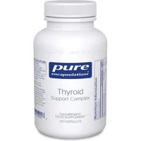 White bottle of Pure Encapsulations Thyroid Support Complex with blue label, containing 120 capsules.