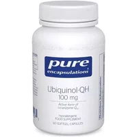 Pure Encapsulations Ubiquinol-QH bottle, white with blue label, 100mg, 60 capsules, dietary supplement.