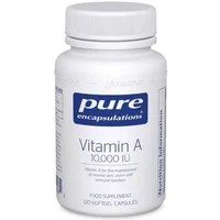 White bottle of Pure Encapsulations Vitamin A 10,000 IU, 120 capsules, with blue label and white cap.