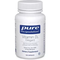 White bottle of Pure Encapsulations Vitamin D3 2000iu, 120 capsules, blue label with vegan and dietary supplement text.
