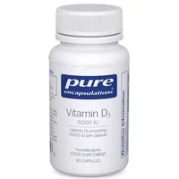 White bottle of Pure Encapsulations Vitamin D3 5000iu with blue label, 60 capsules.