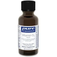 Brown bottle of Pure Encapsulations Vitamin D3 Liquid with white and blue label, black cap, 22.5ml size.