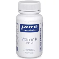White bottle of Pure Encapsulations Vitamin K with D3, labeled as hypoallergenic food supplement, 60 capsules.