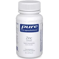 Pure Encapsulations Zinc Citrate bottle with white label, blue text, 60 capsules, hypoallergenic food supplement.