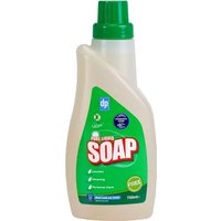 Beige bottle of Pure Liquid Soap by Dri Pak, 750ml, with green label and green cap.