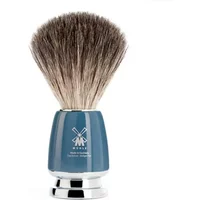 Shaving brush with dark bristles and a glossy blue handle, featuring a silver base and Mühle logo.