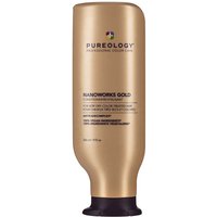 Gold Pureology Nanoworks Gold Conditioner bottle, 266ml, with purple cap and sleek design.
