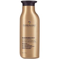 Gold Pureology Nanoworks Gold Shampoo bottle, 266ml, with dark cap and colorful logo.