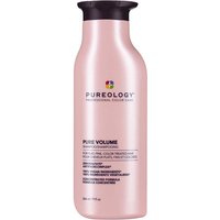 Pink Pureology Pure Volume Shampoo bottle with black cap, 266ml, featuring multicolored logo and text.