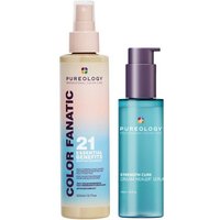 Pureology duo with blue Strength Cure Serum pump bottle and beige Color Fanatic Spray bottle with purple cap.