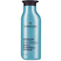Blue Pureology Strength Cure Shampoo bottle, 266ml, with black cap and multicolored logo.