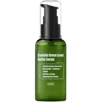 Green Purito Centella serum bottle with black pump, white text detailing ingredients, 60ml size.