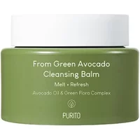 Green Purito cleansing balm jar with white lid, labeled "From Green Avocado Cleansing Balm" in white text.
