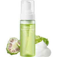 Purito SEOUL Clear Code Superfruit Cleanser, 150ml green bottle with white pump, surrounded by fruit and foam.