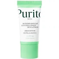 Purito Wonder Releaf Centella Daily Sun Lotion SPF 50+ in a small green and white tube with bold black text.