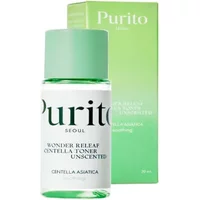 Purito Wonder Releaf Centella Unscented Toner 30ml, clear bottle with green cap and green box packaging.
