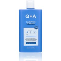 Blue Q+A Clarifying Shampoo bottle, 250 ml, with white cap and label detailing ingredients and benefits.