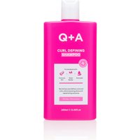 Pink Q+A Curl Defining Shampoo bottle, 250 ml, with white cap and label detailing product benefits.