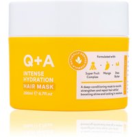 Yellow Q+A Intense Hydration Hair Mask 200 ml jar with white lid, featuring fruit icons and hydration benefits.