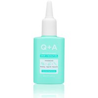 Turquoise bottle of Q+A Nourishing Hair + Scalp Oil 50 ml with white nozzle and label detailing.