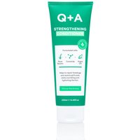 Green tube of Q+A Strengthening Conditioner, 250 ml, with white cap and bold white text detailing ingredients.