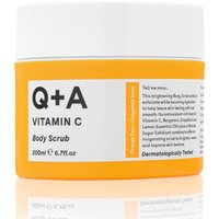 Q+A Vitamin C Body Scrub 200 ml in a white jar with an orange label and black text.