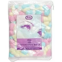 Quest Pretty Cotton Wool Balls, 100 pieces, in pastel pink, blue, and yellow, packaged in a clear plastic bag.