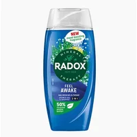 Radox Mineral Therapy Feel Awake 2-in-1 blue shower gel shampoo, 225ml bottle with green label and clear flip cap.