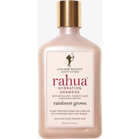 Rahua Hydration Shampoo in a beige bottle with gold cap, featuring a white label with purple and gold text, 9.3 fl oz size.