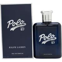 Navy blue Ralph Lauren Polo 67 Eau De Parfum bottle with silver cap and matching box.