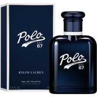 Navy blue Ralph Lauren Polo 67 Eau de Parfum bottle with silver cap, next to matching branded box.
