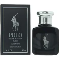 Black Ralph Lauren Polo Black Eau De Toilette 40ml bottle with silver cap and matching box featuring polo player logo.