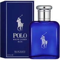 Blue Ralph Lauren Polo Blue Eau De Toilette bottle with silver cap and matching box featuring polo player logo.