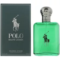 Green Ralph Lauren Polo Cologne Intense bottle with silver cap, featuring polo player logo, next to matching box.